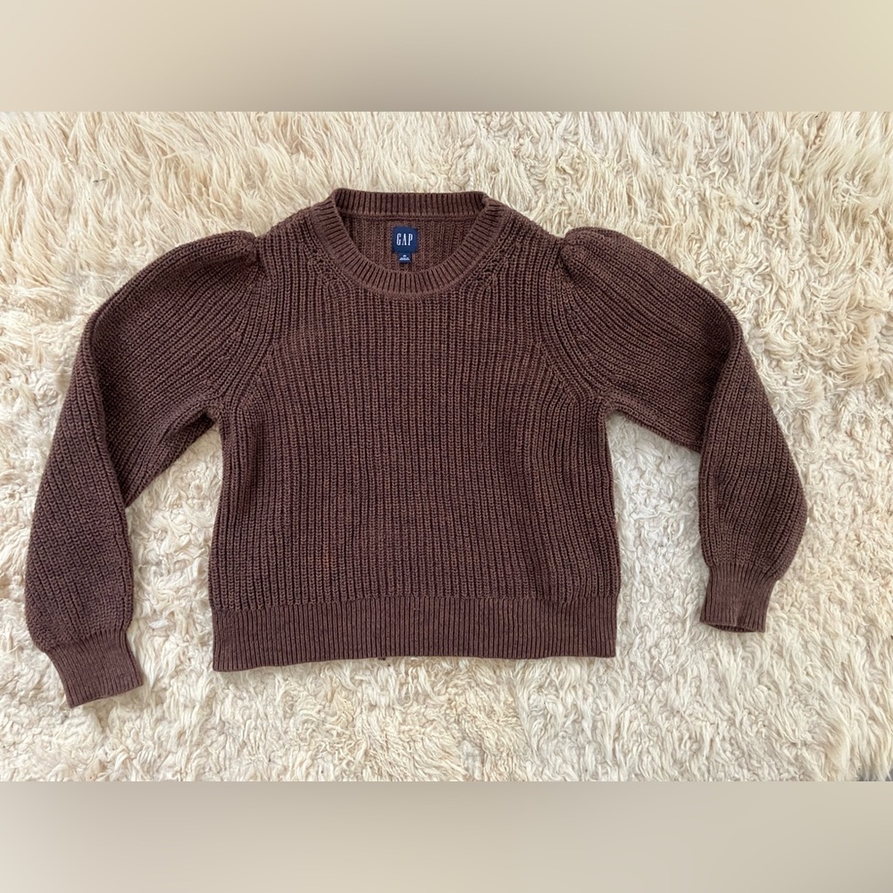 GAP Chocolate Brown Ribbed Puff-Sleeve Crewneck Sweater